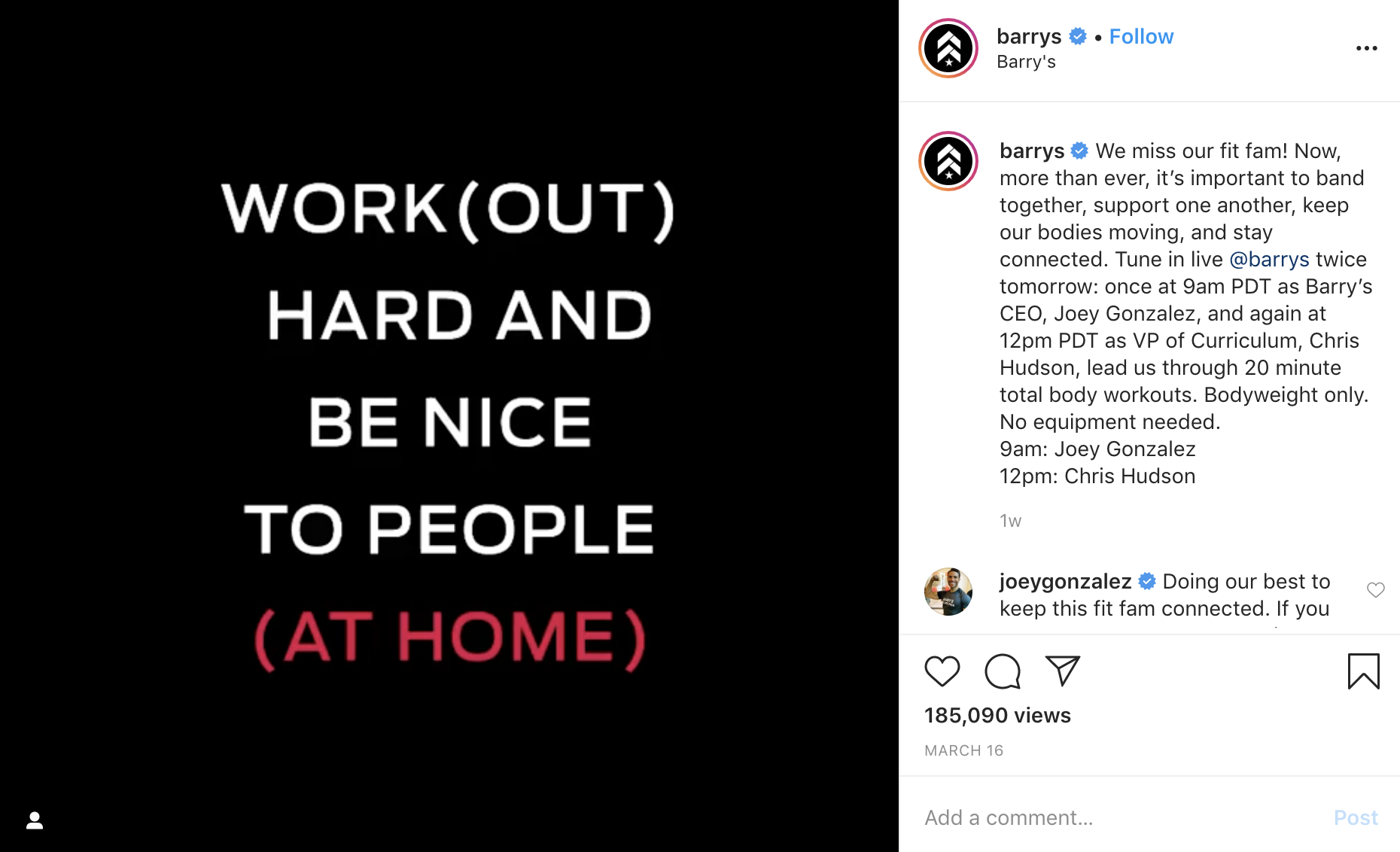 Barry’s Instagram post announcing the launch of Barry’s At Home.