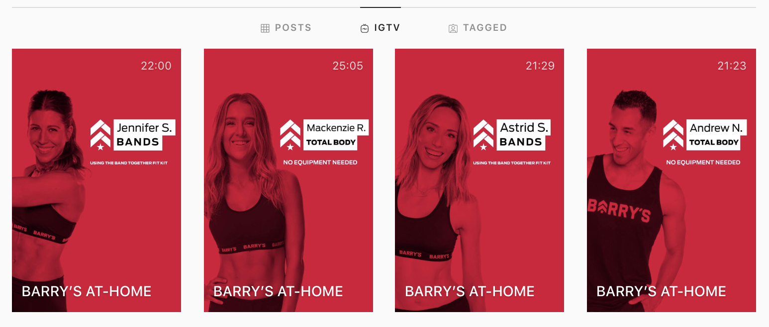 Barry’s previous at-home workouts, accessible on their IGTV.