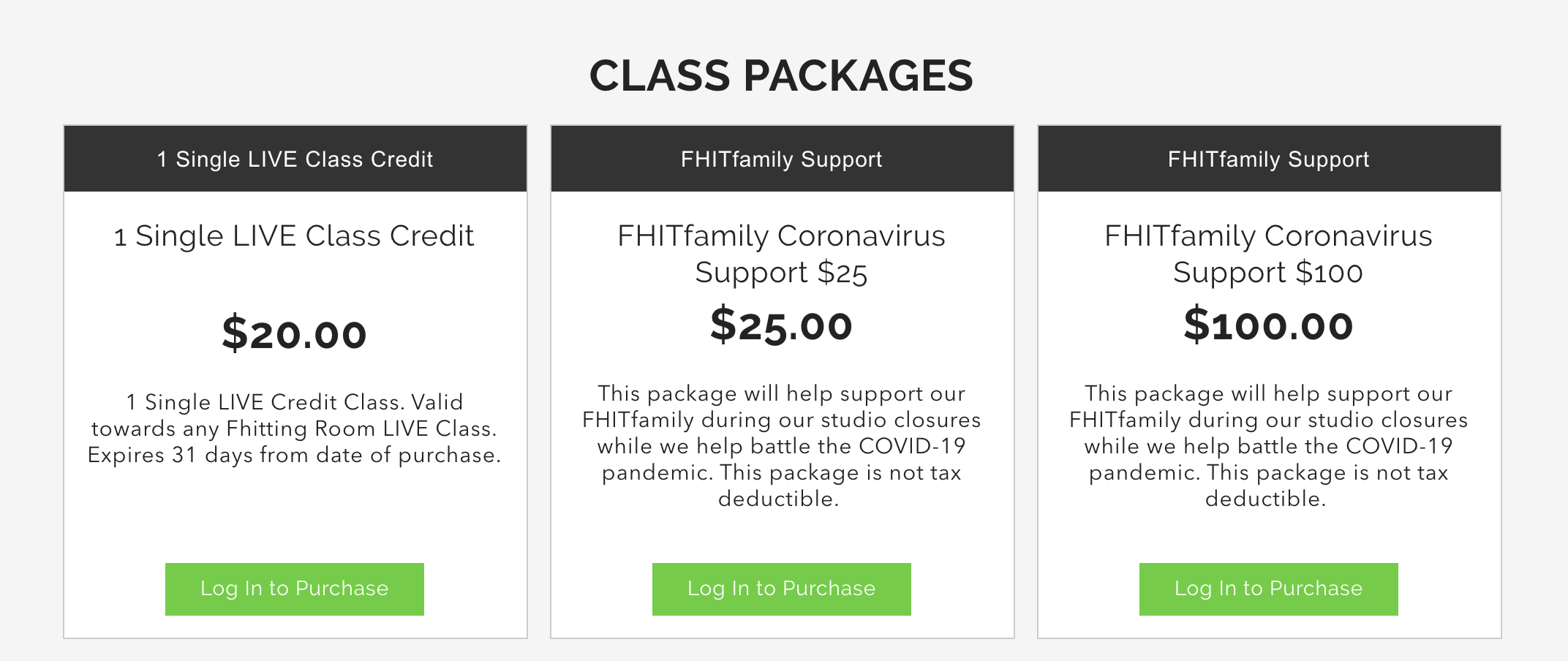 Fhitting Room’s single live class and donation options.