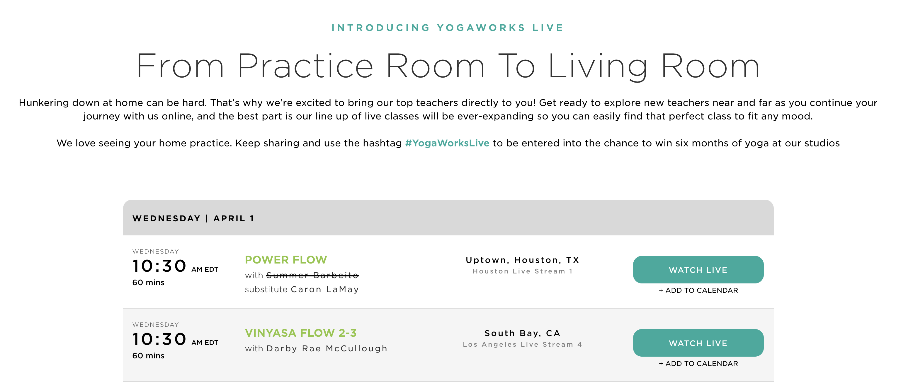 The YogaWorks Live schedule.