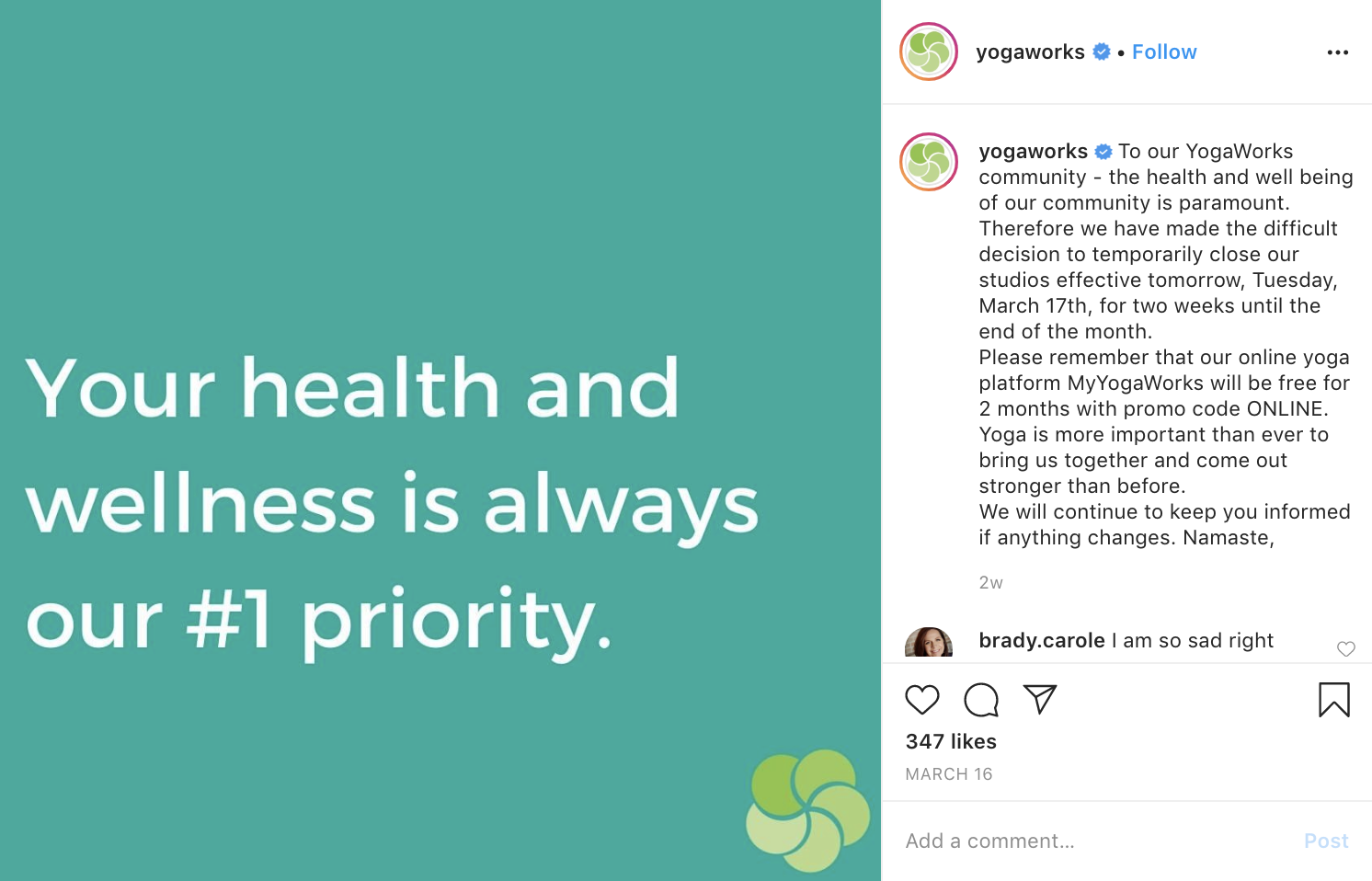 YogaWorks’ studio closure announcement highlighting their app promotion.