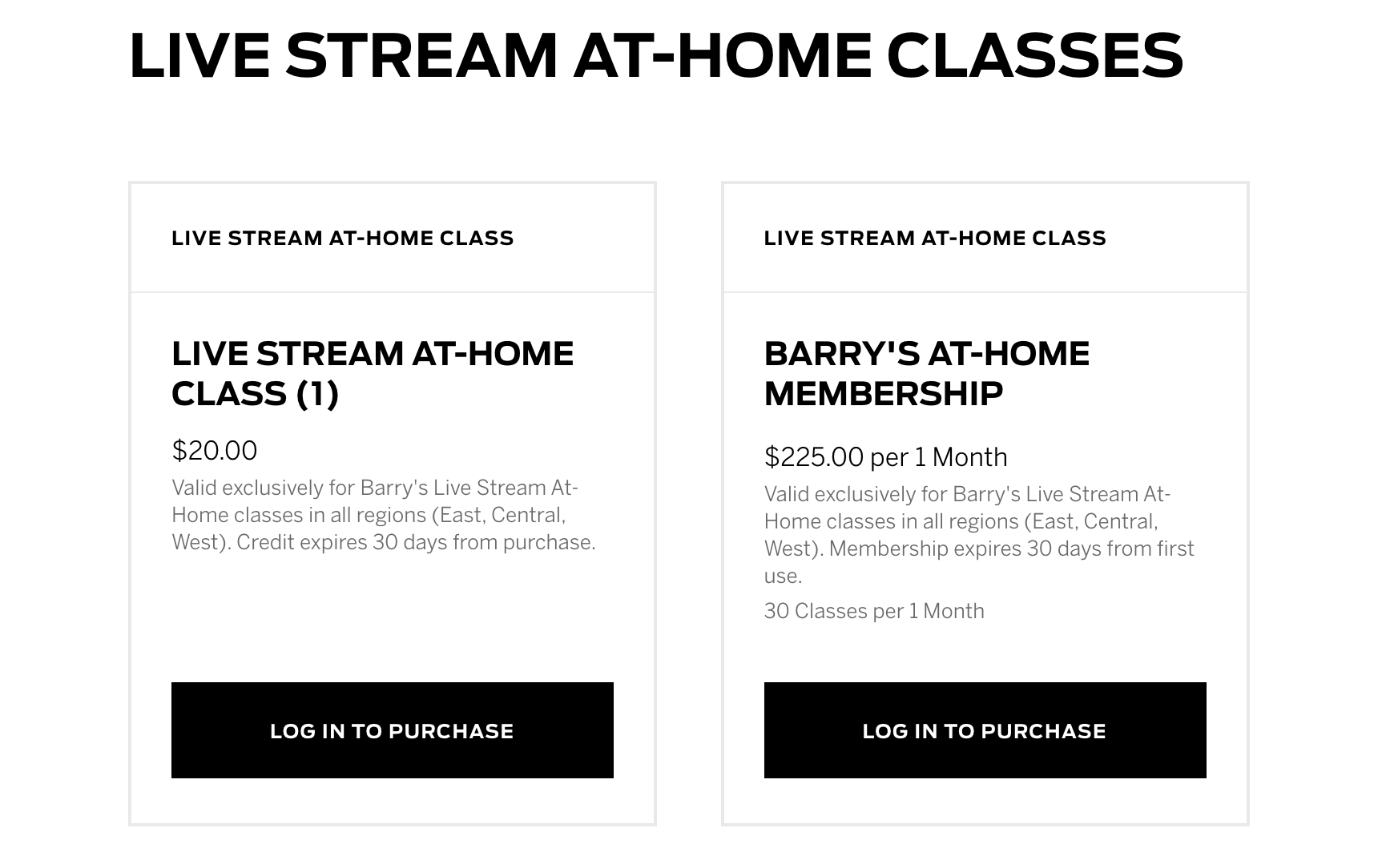 Barry’s At Home class pricing structure.