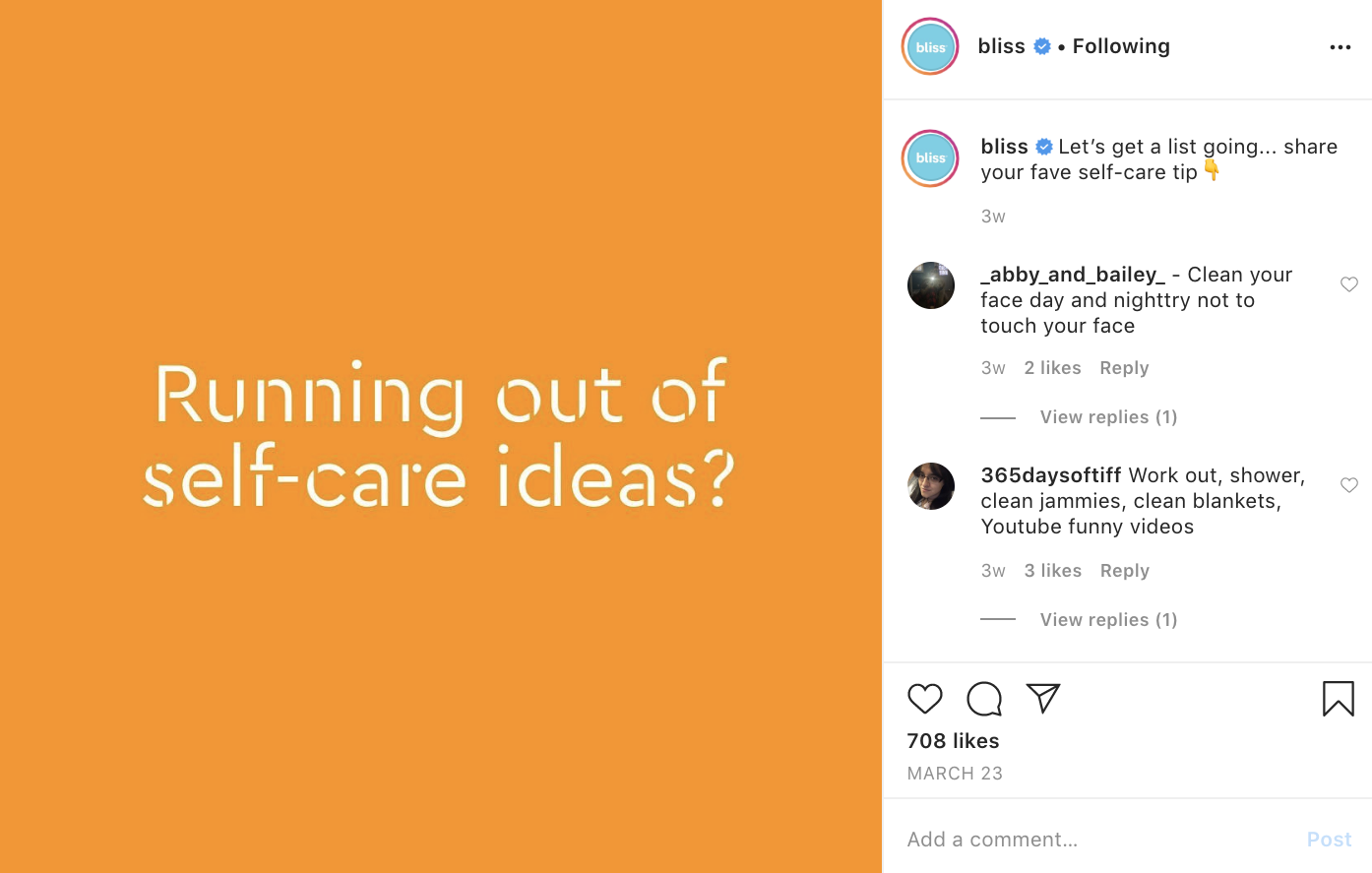 Bliss curating self-care ideas from their Instagram followers.