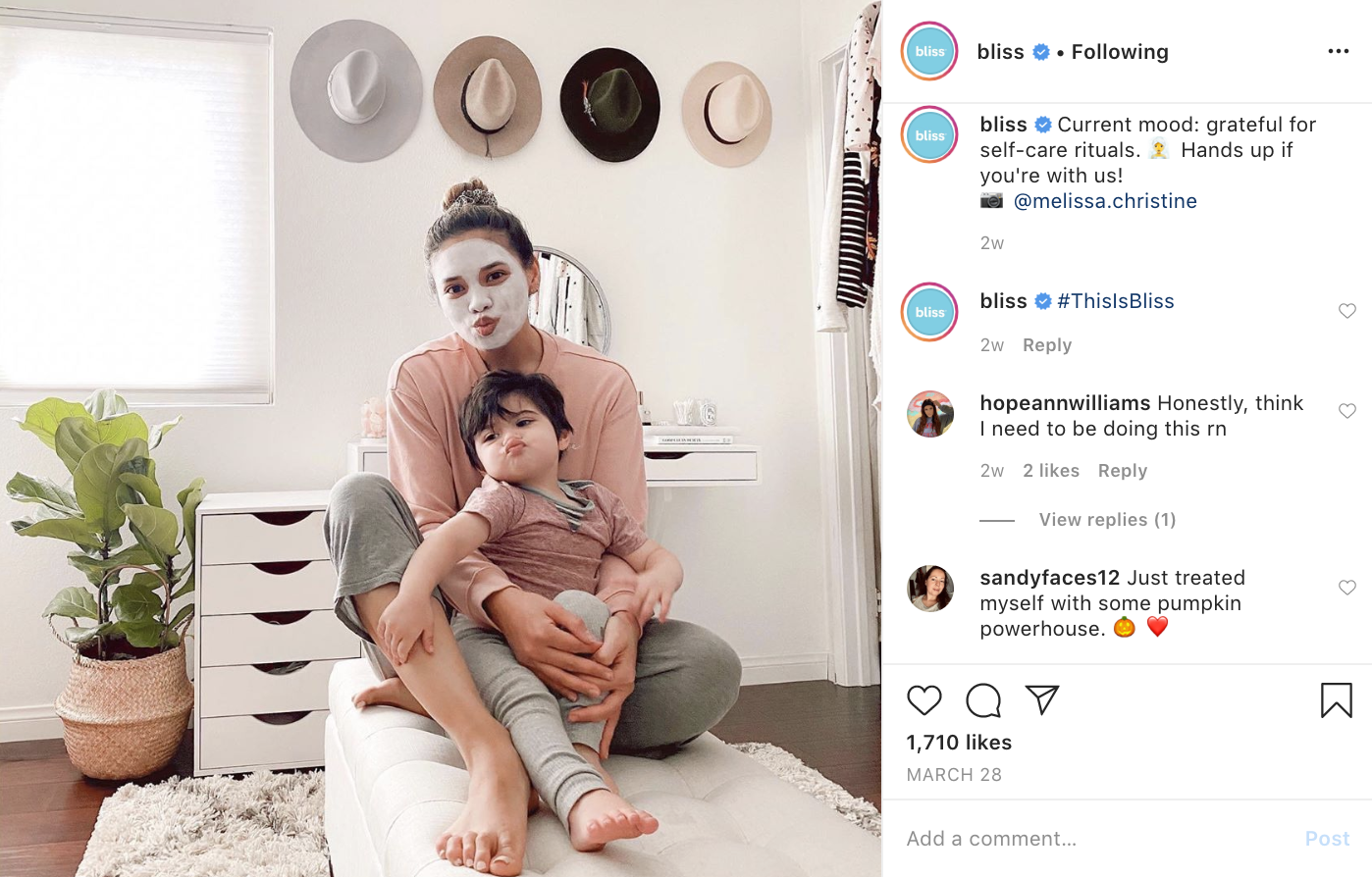 Customer photos being featured on Bliss social accounts and paired with self-care messaging.