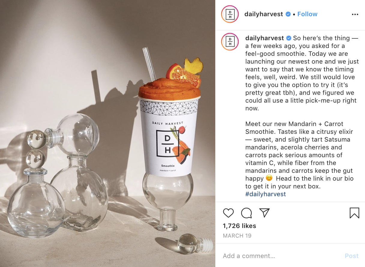 Daily Harvest announcing a new, vitamin C-rich smoothie.