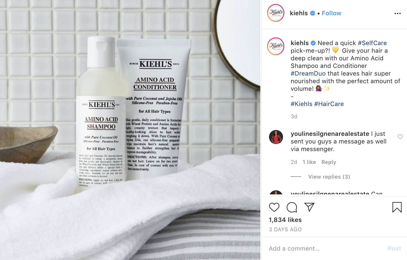 Kiehl’s using the self-care hashtag regarding its hair care products.