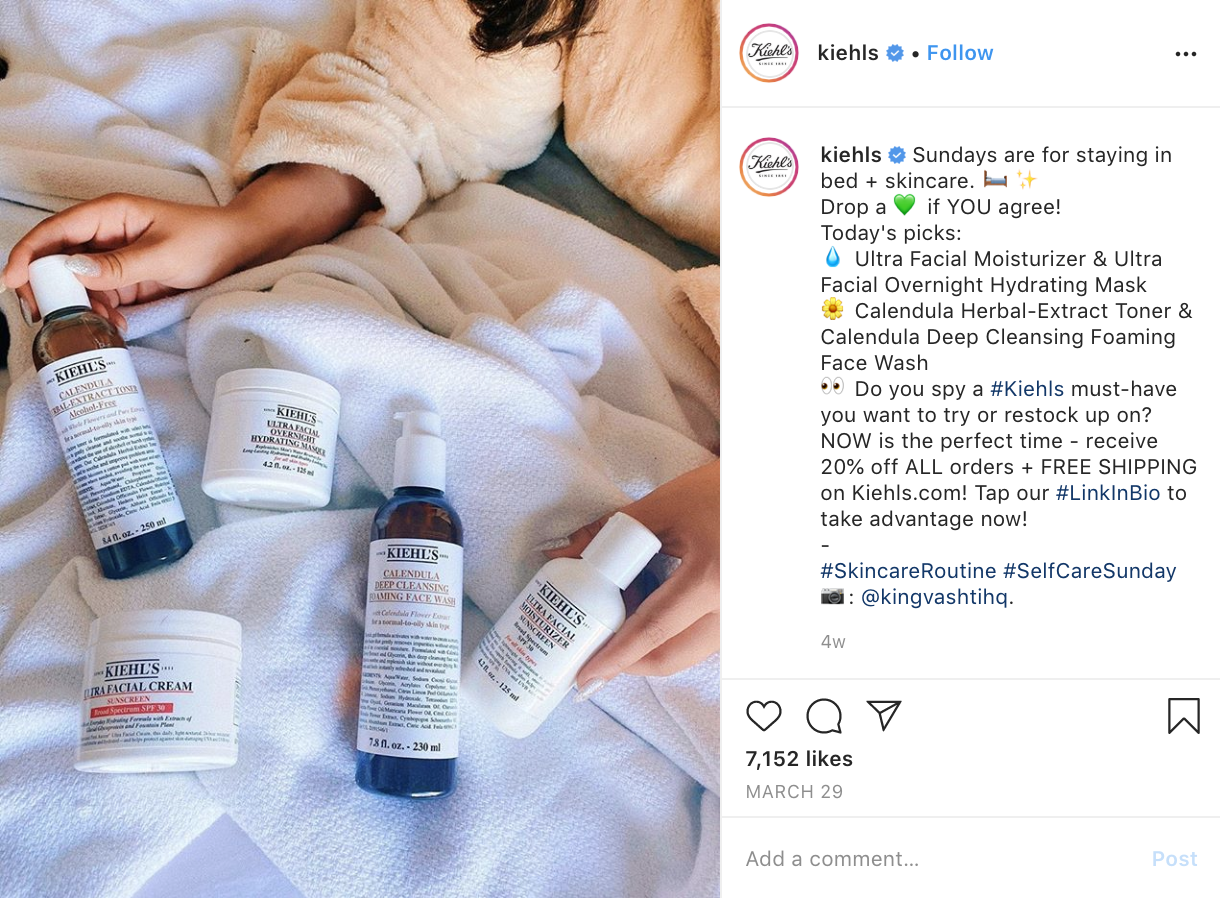 One of Kiehl’s first posts during quarantine using the hashtag #selfcaresunday