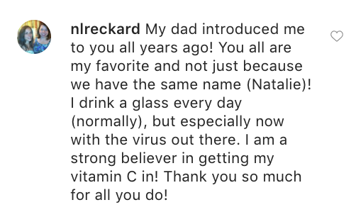 A comment on a Natalie’s Juice Instagram post expressing gratitude to Natalie’s and their vitamin c-packed products.