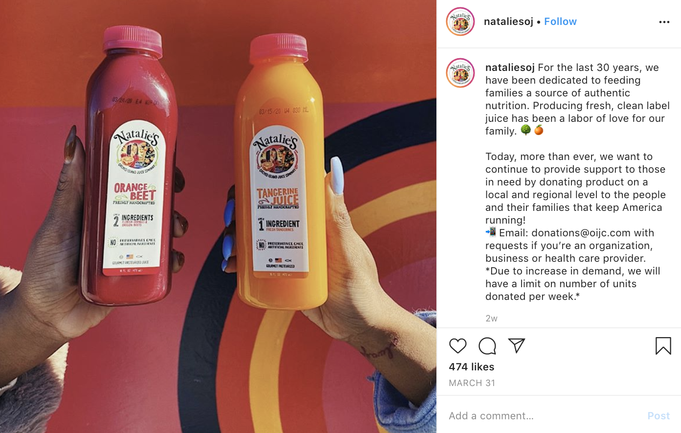 Natalie’s Juice accepting requests for donations on Instagram.