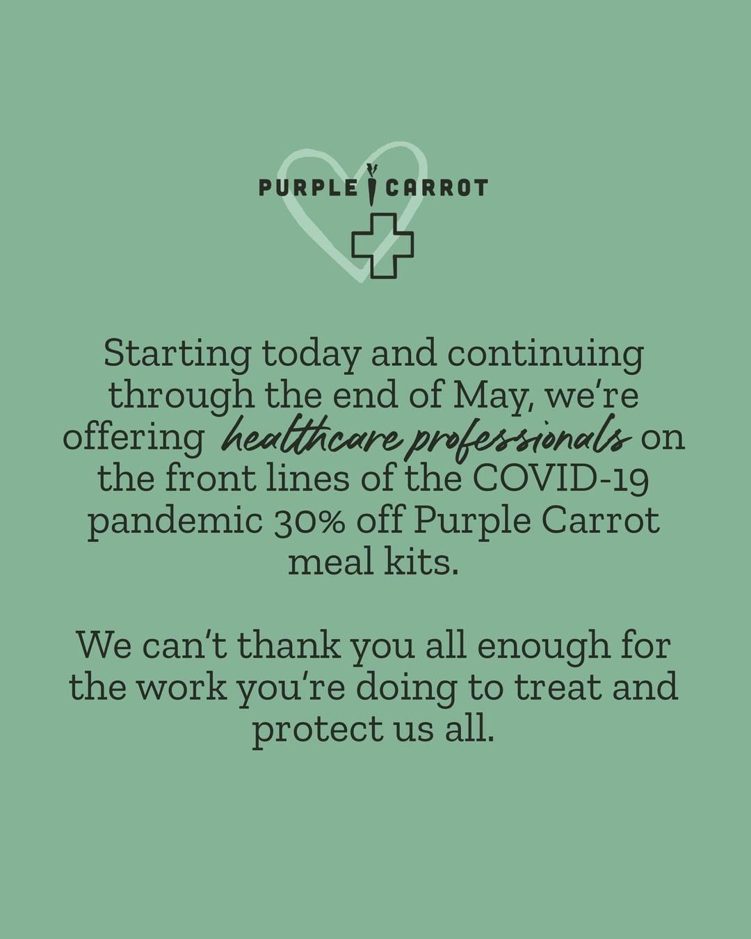 Purple Carrot’s Instagram post announcing its healthcare worker discount.