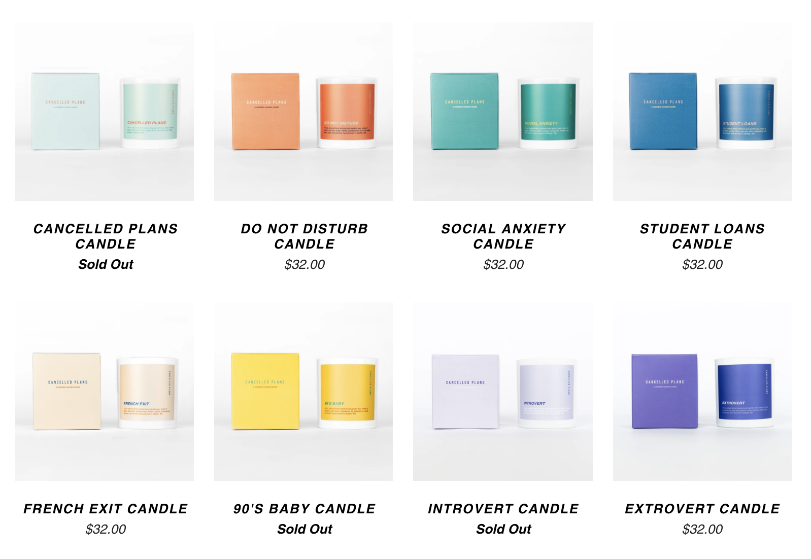 Cancelled Plans complete line of candles.