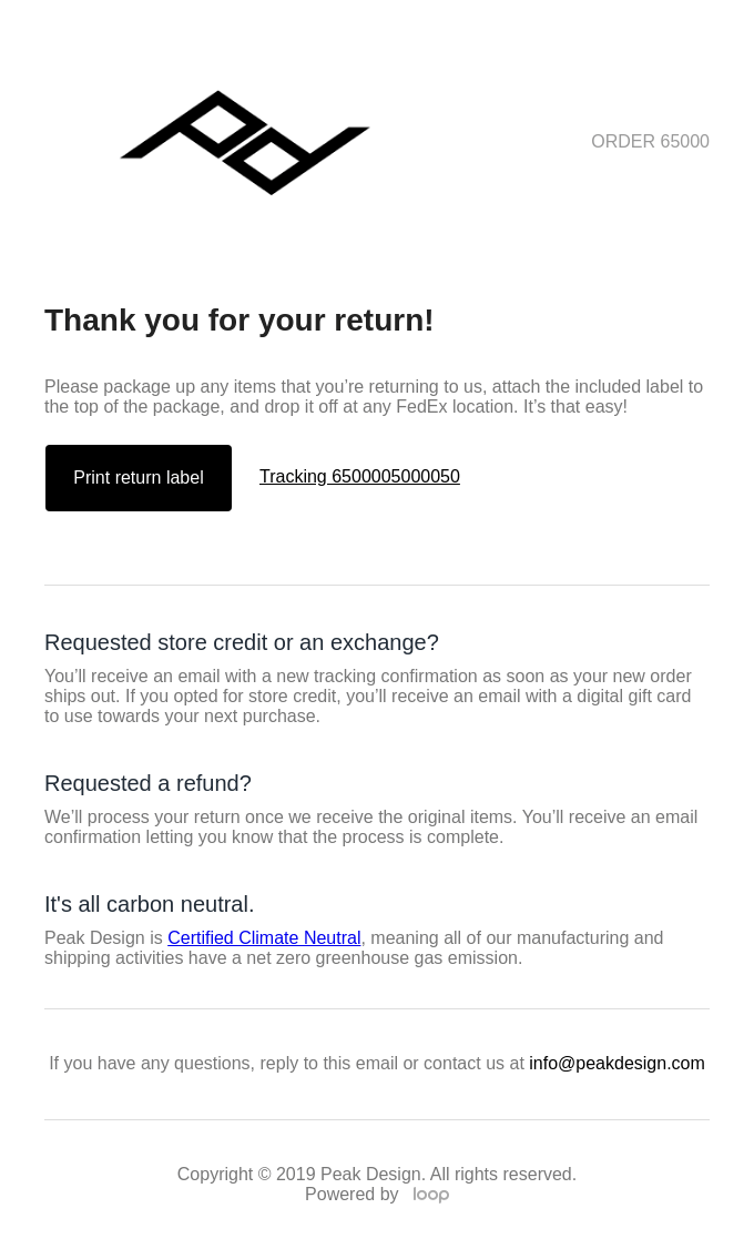 An email from Peak Design confirming a return has been initiated.