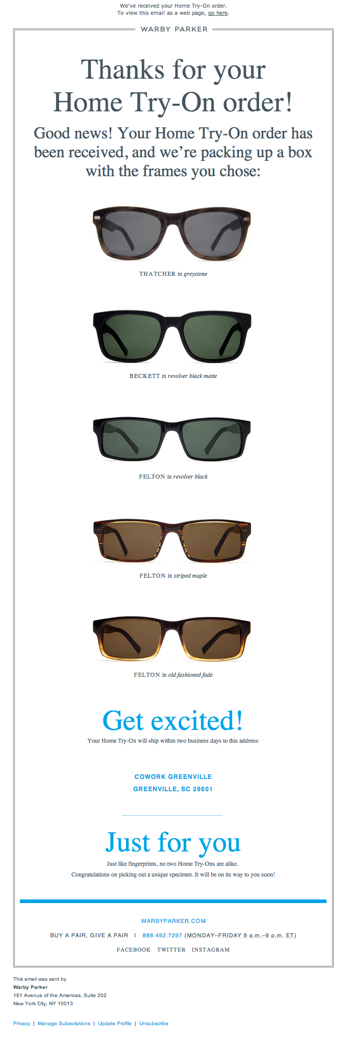 An order confirmation email from Warby Parker.