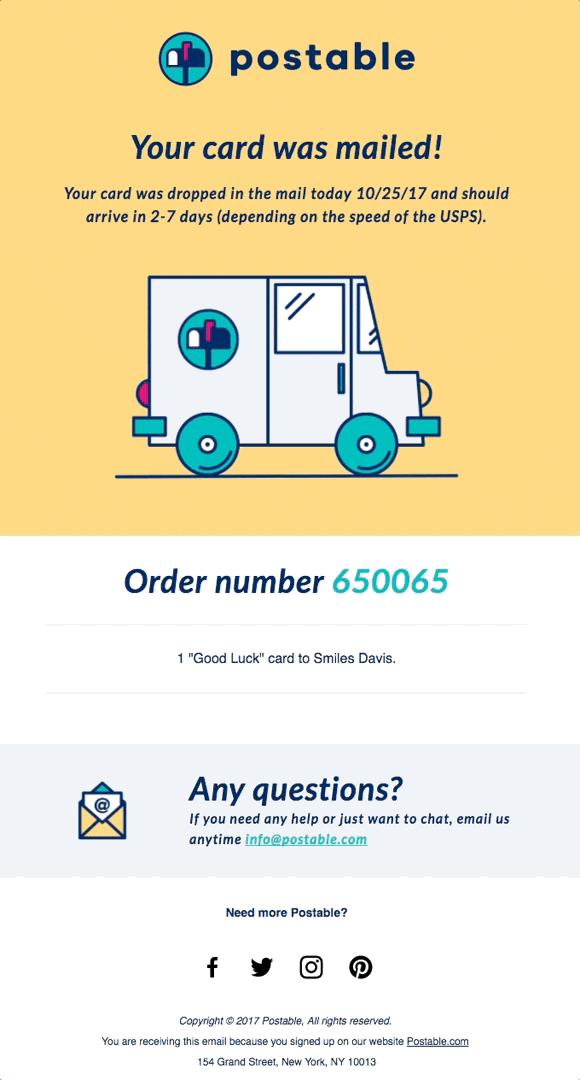 Postable’s “out for delivery” email.