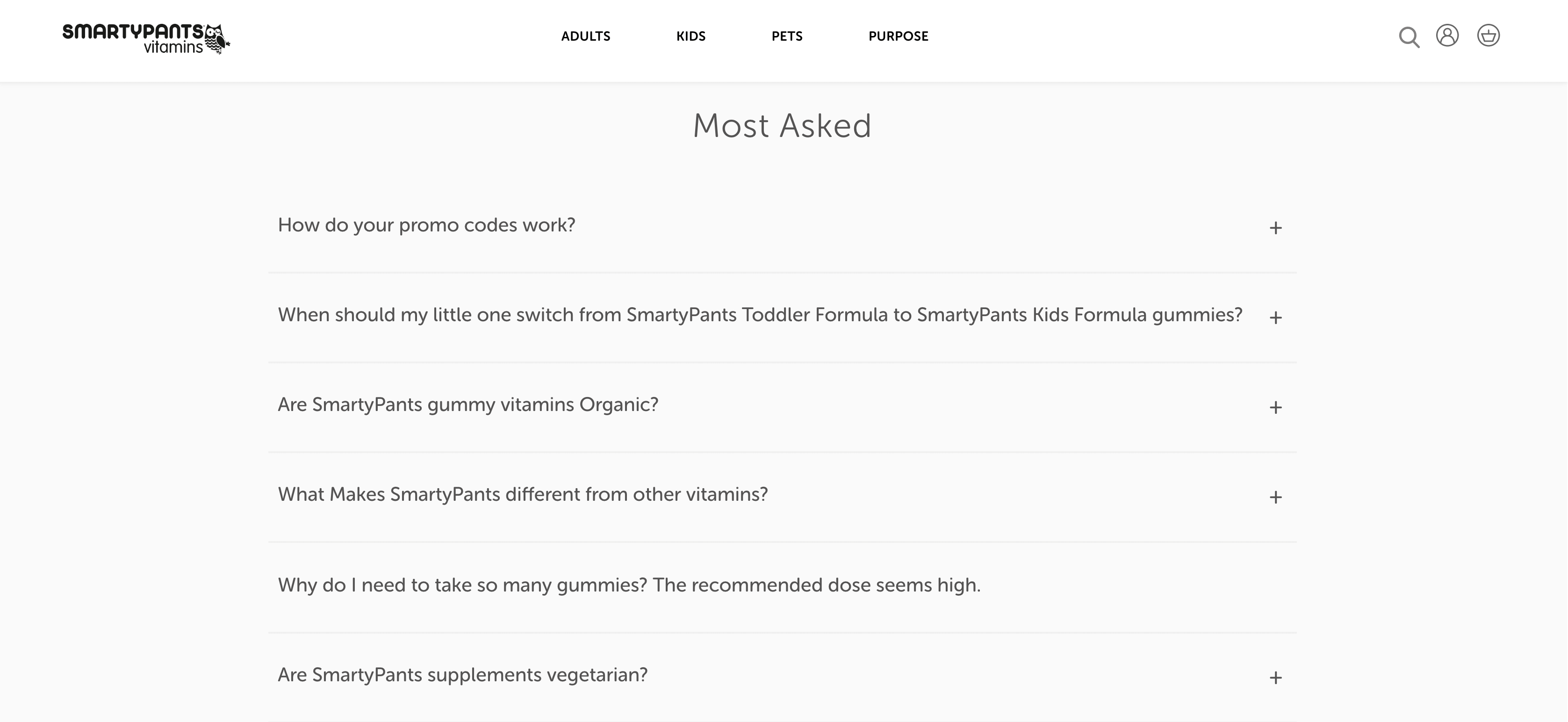 Smartypants Vitamins gathers the most frequently asked questions on a single page because of the more complicated nature of the product and the need for additional information to properly educate consumers.