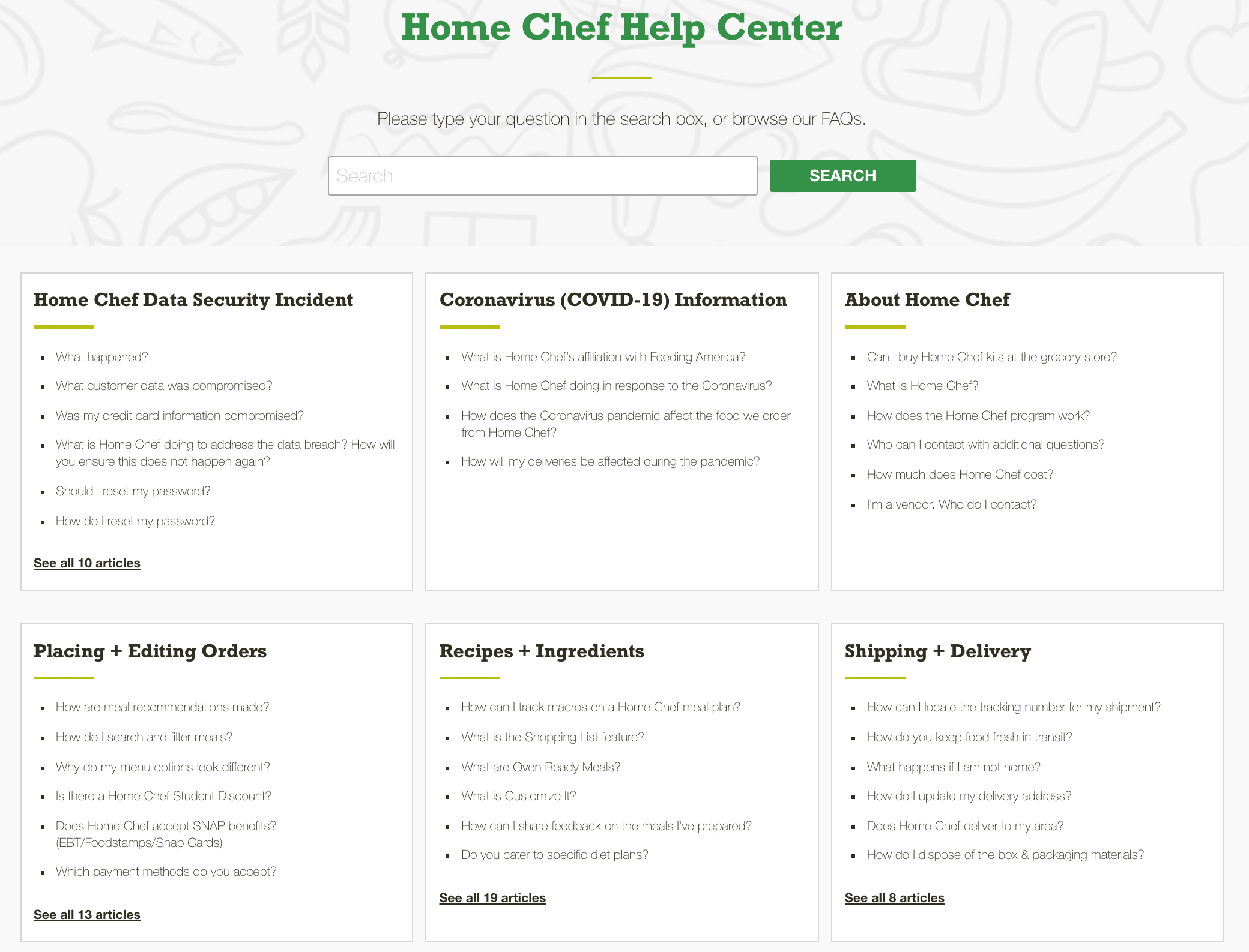 Home Chef uses a search bar and categorization to make its FAQ easy to navigate.