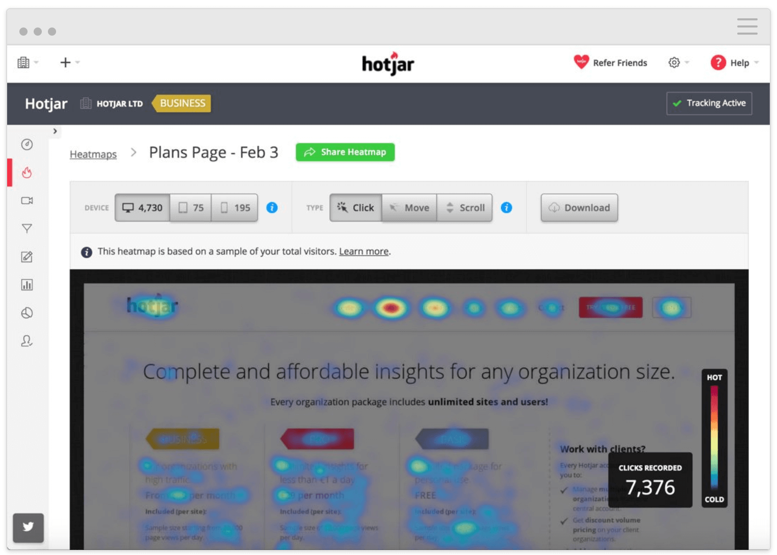 A click heatmap from Hotjar.