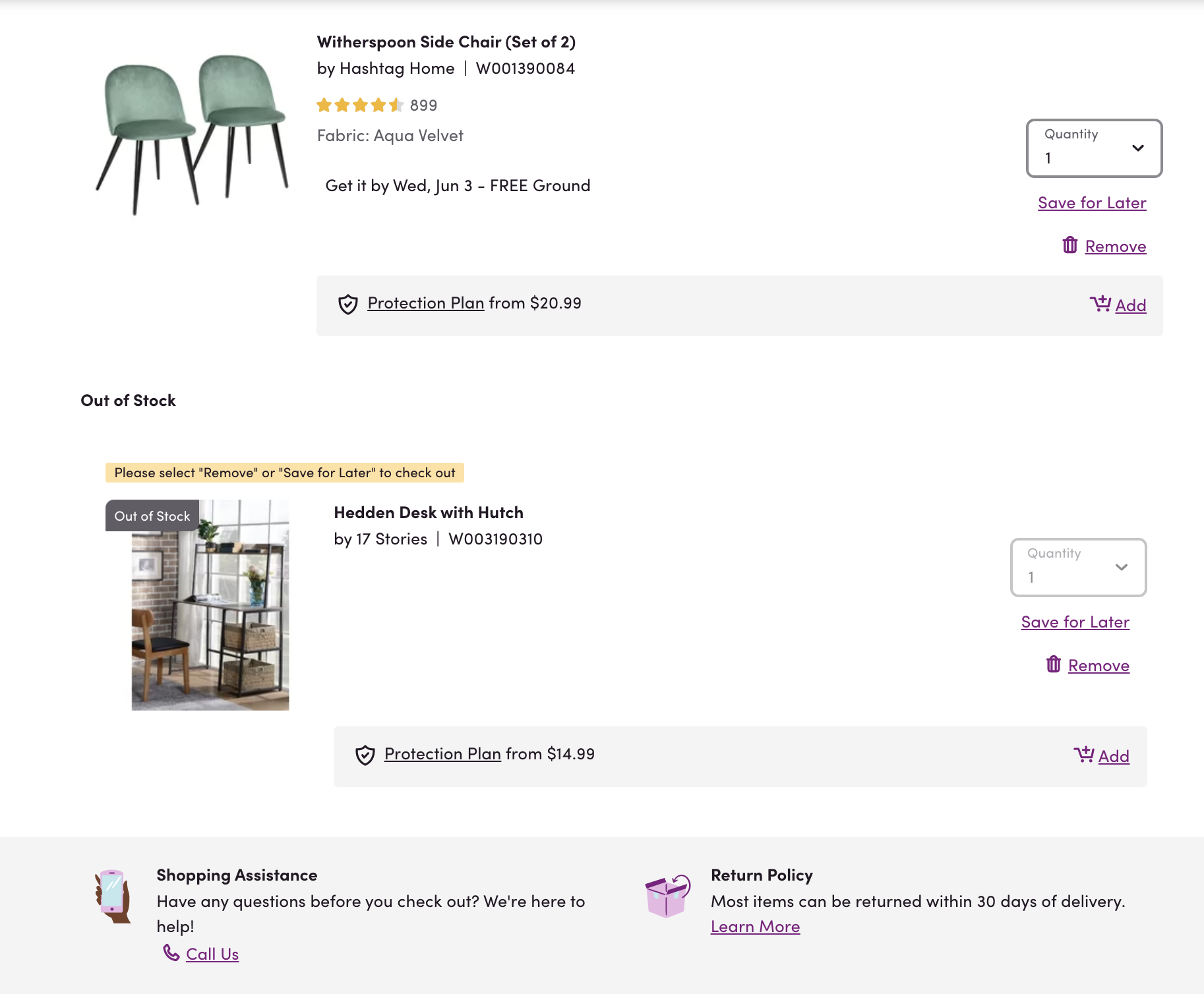 Our employee’s recent Wayfair cart with “Shopping Assistance” clearly displayed below the cart.