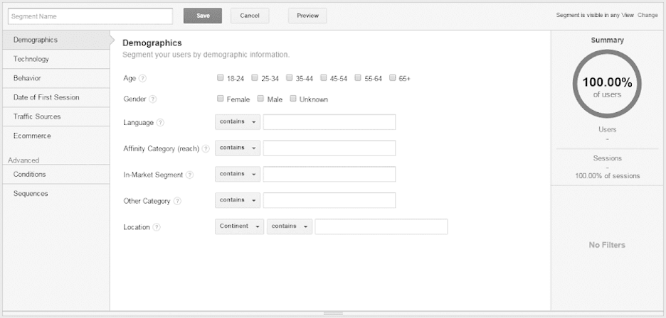 Segment interface on Google Analytics.