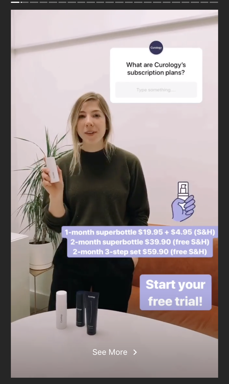 A story highlight on Curology’s Instagram page discussing their subscription options.