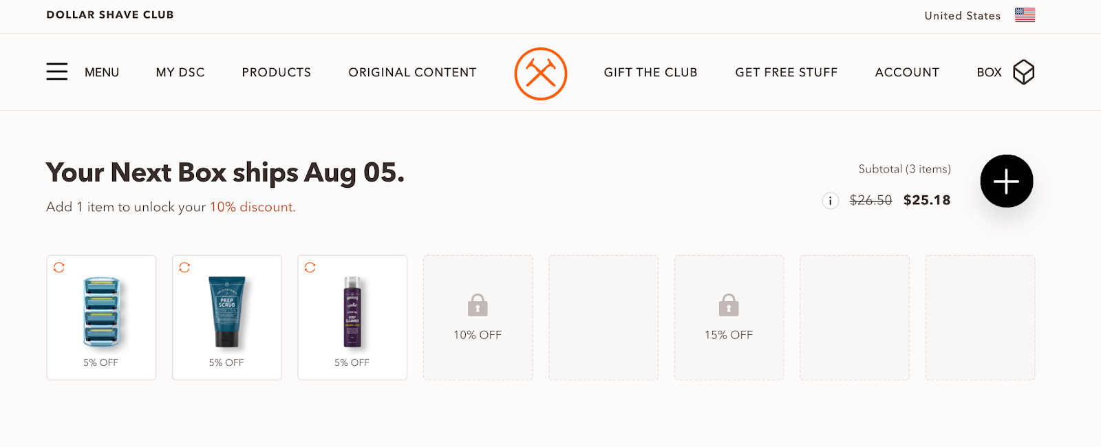 Dollar Shave Club’s account dashboard lets you customize your order and the shipping details super easily.