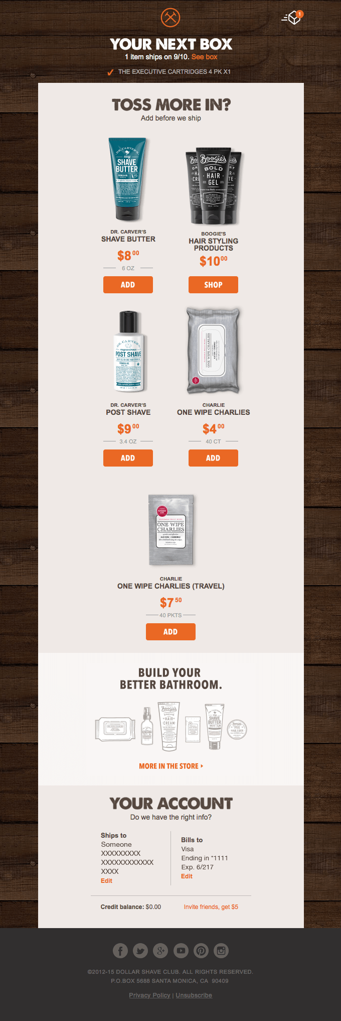 Dollar Shave Club adding additional product recommendations to an automated subscription confirmation.