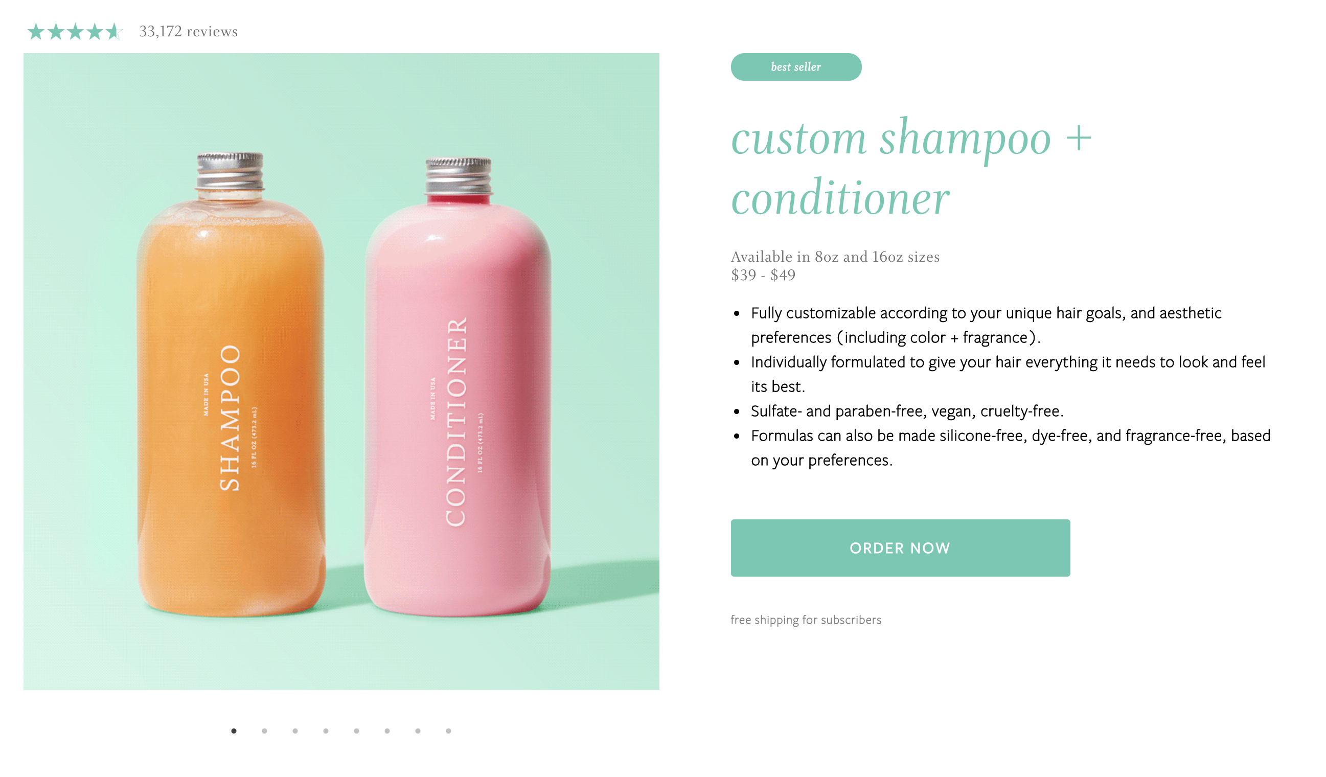 Function of Beauty’s custom shampoo and conditioner product detail page.