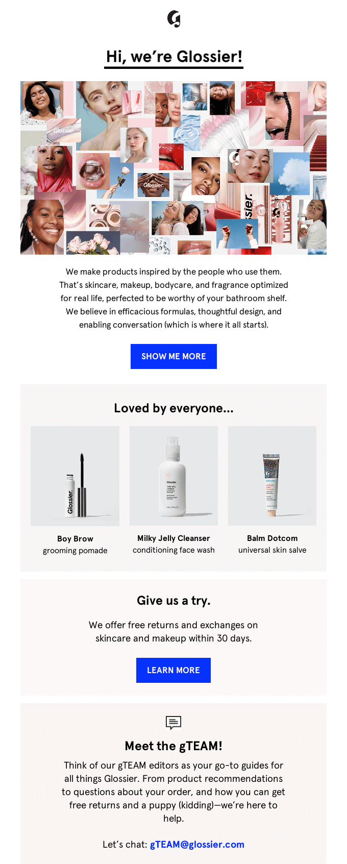 Part of Glossier’s welcome email for new email subscribers.