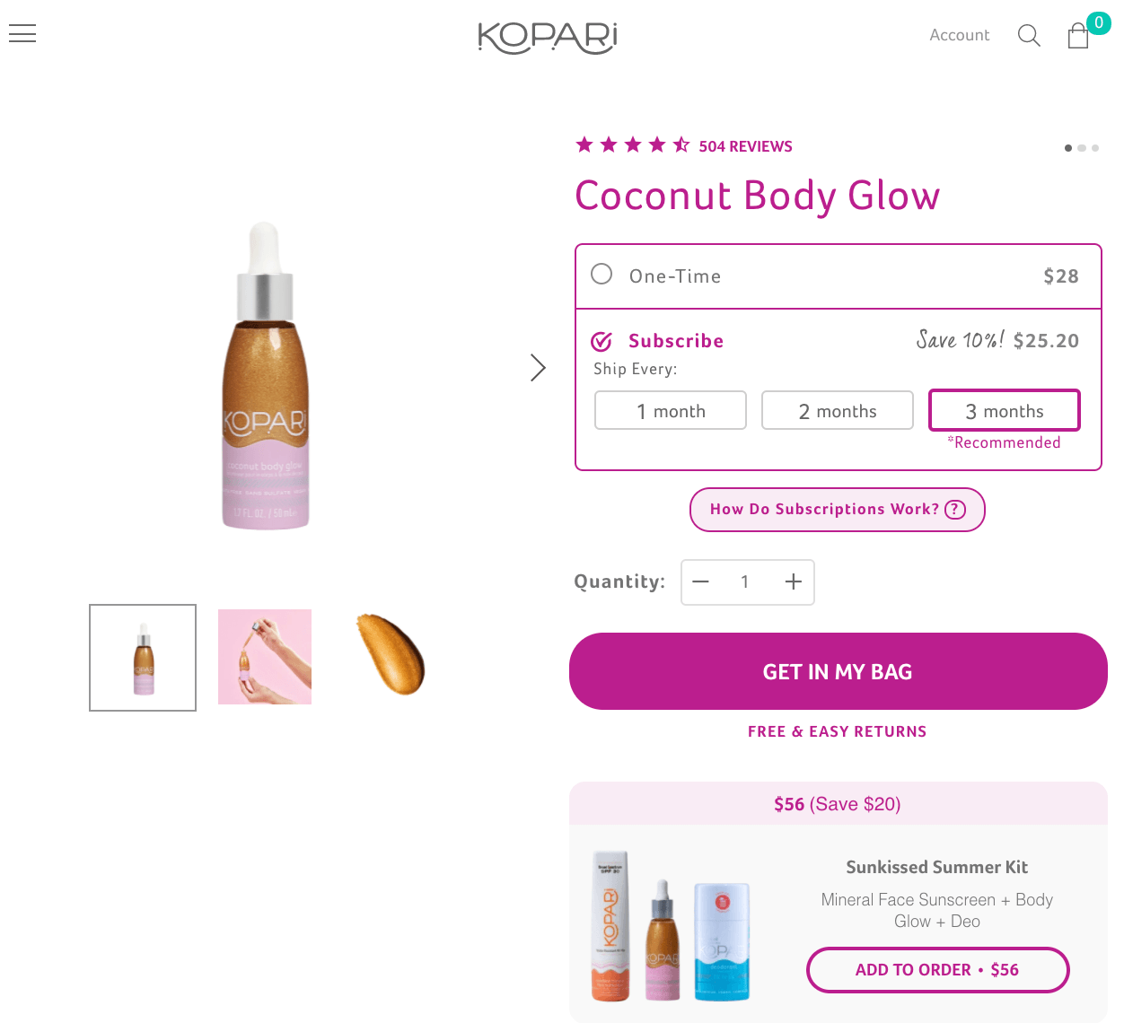 Kopari Beauty offers replenishment subscriptions to individual products.