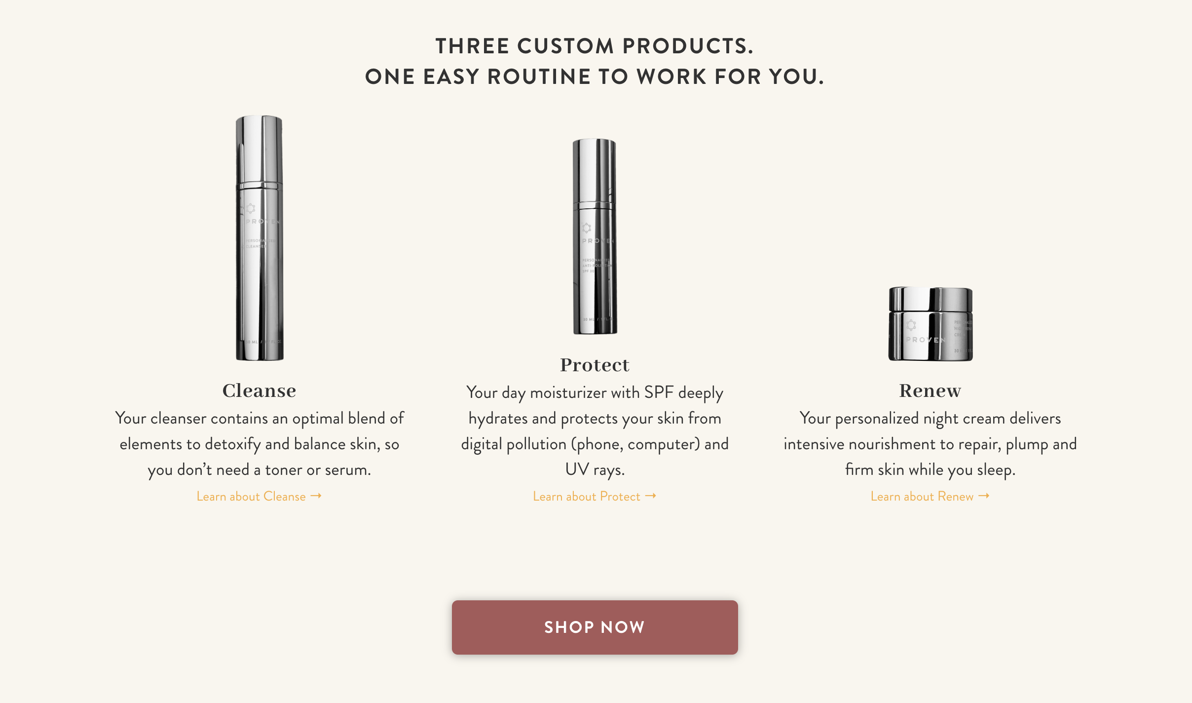 Proven Skin Care’s customizable 3-step skin care routine featured on their homepage.