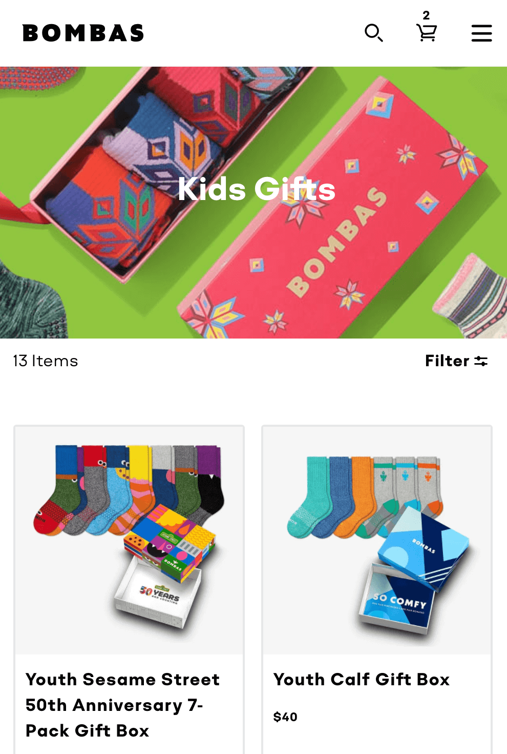 Bombas’ “Kids Gifts” section with special gift products.