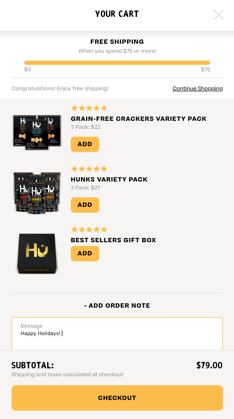 Hu’s cart with “add order note” option.
