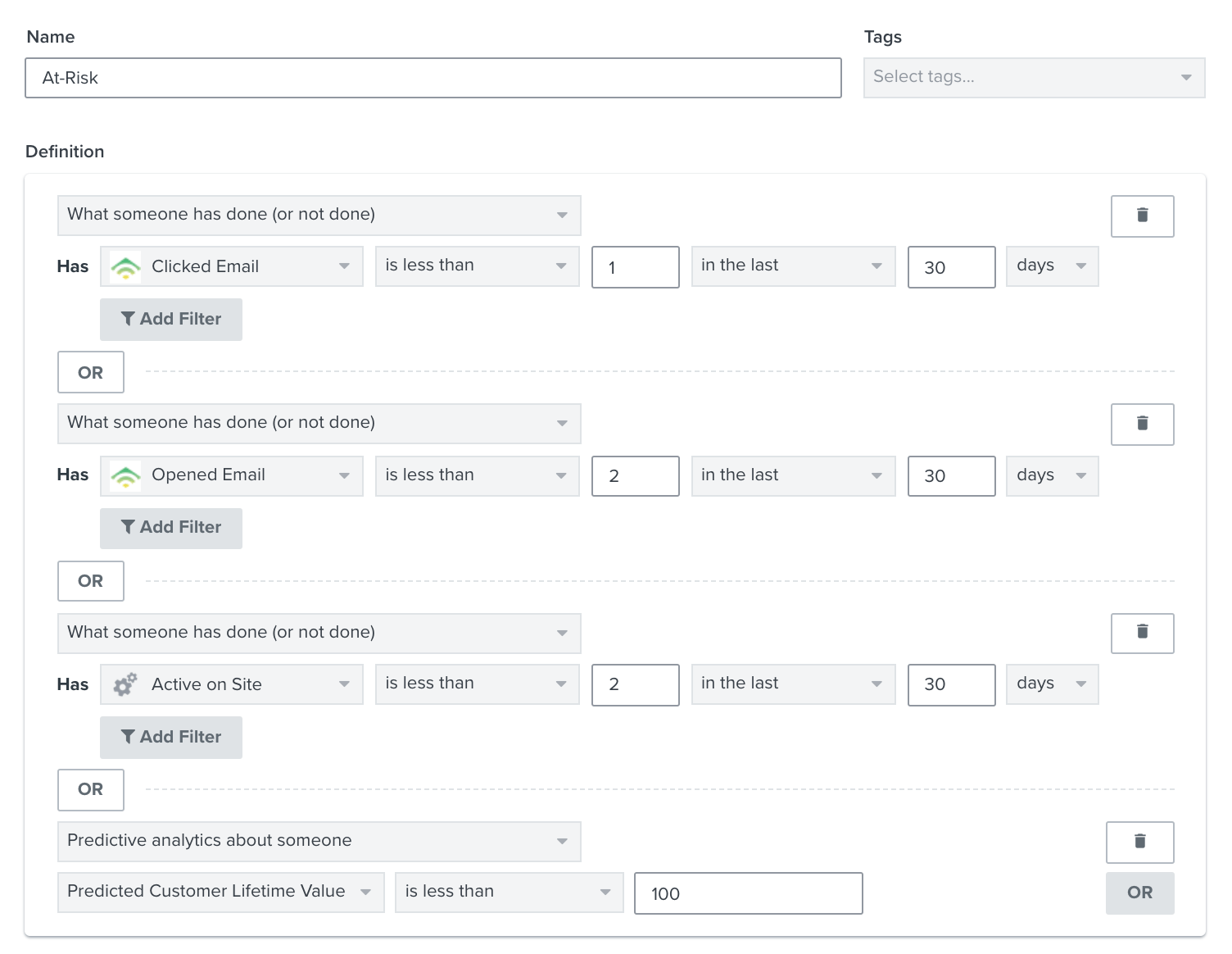 Building the at-risk segment in Klaviyo.