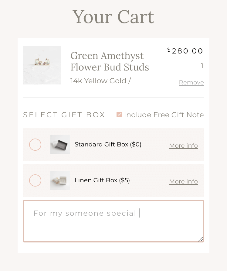 Melanie Casey’s gift box options in a user’s cart. 