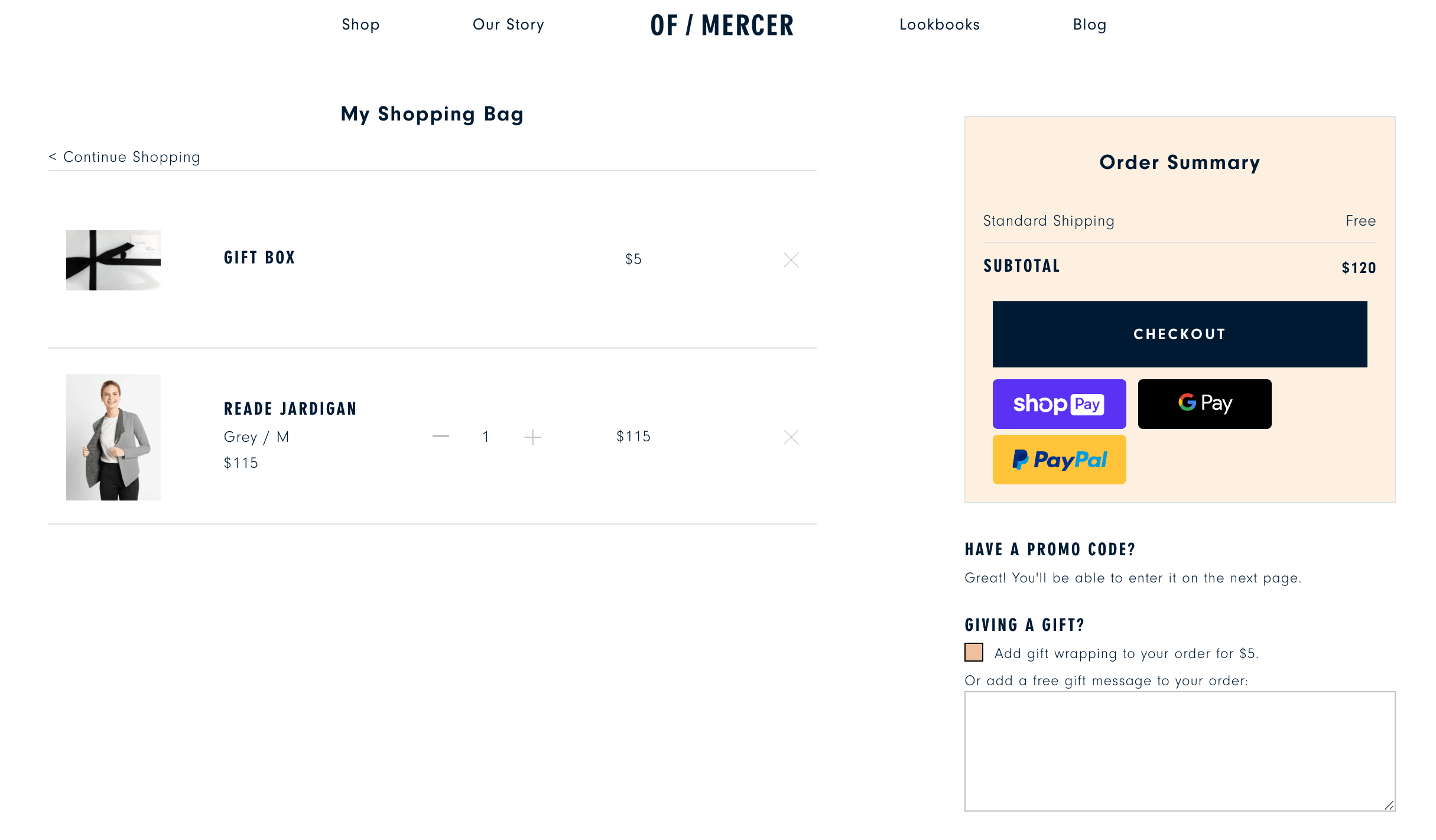 Of/Mercer cart with the gift option selected. 