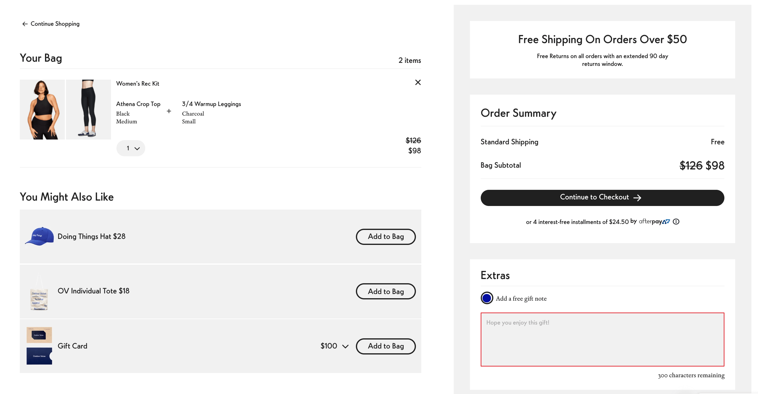 Outdoor Voices’ gift message option in the cart.
