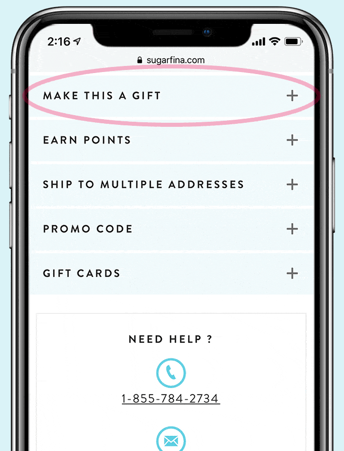 Sugarfina uses a screen recording to walk visitors through how to add a gift to their checkout.